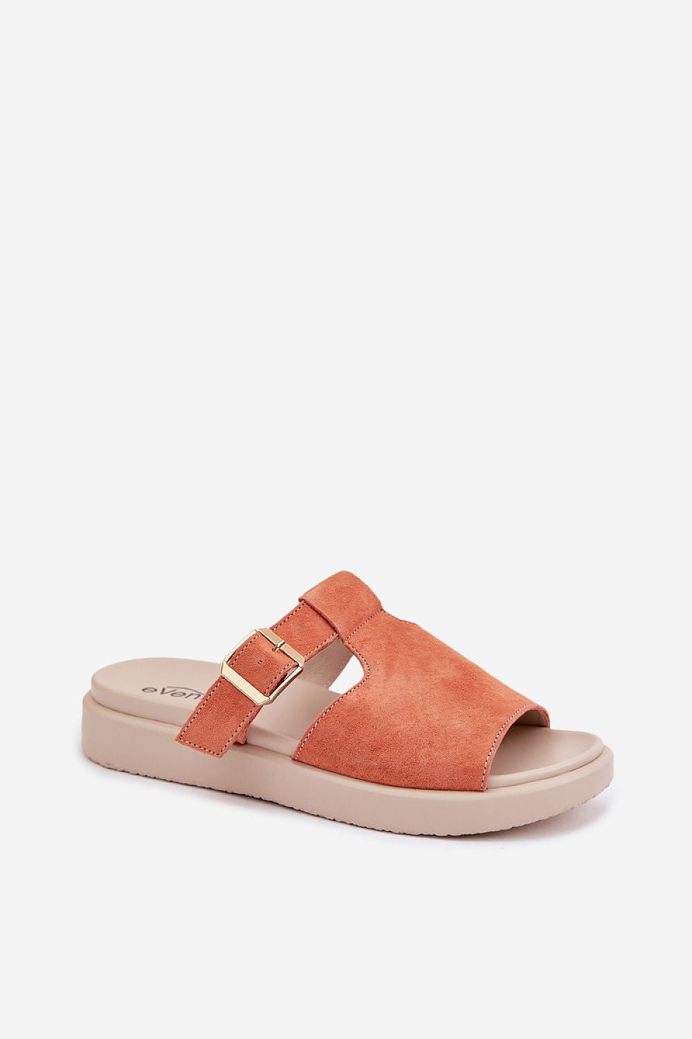 Orange sandal with a gold buckle on a white background