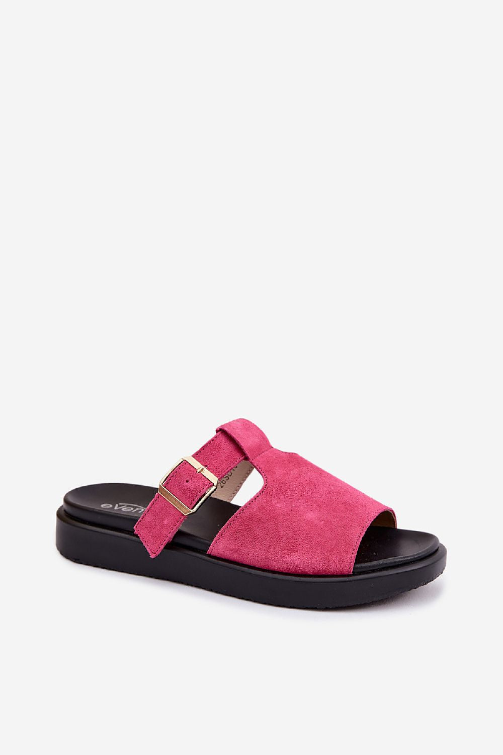 Pink sandal with a gold buckle on a white background
