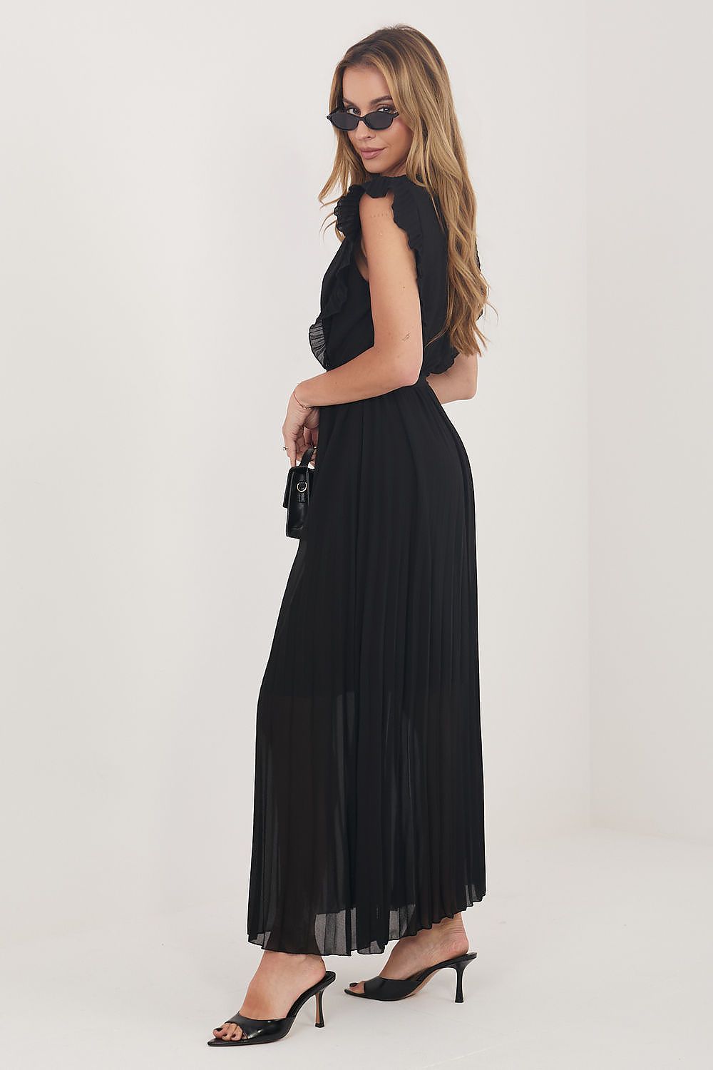  Black pleated wrap maxi dress classic elegant style