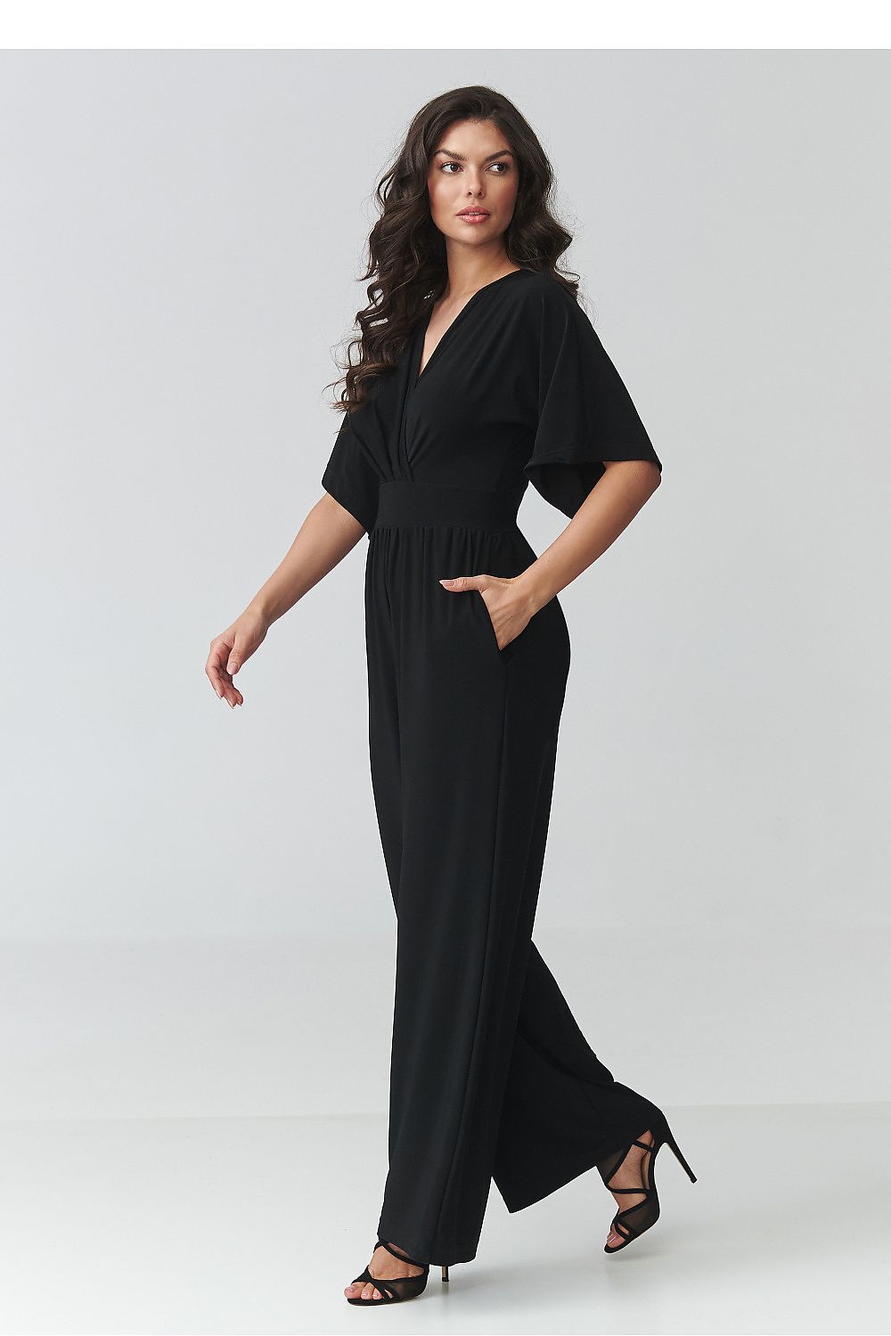  SR Celestine Luxe black jumpsuit with elegant wrap neckline and flowing wide-leg trousers-2