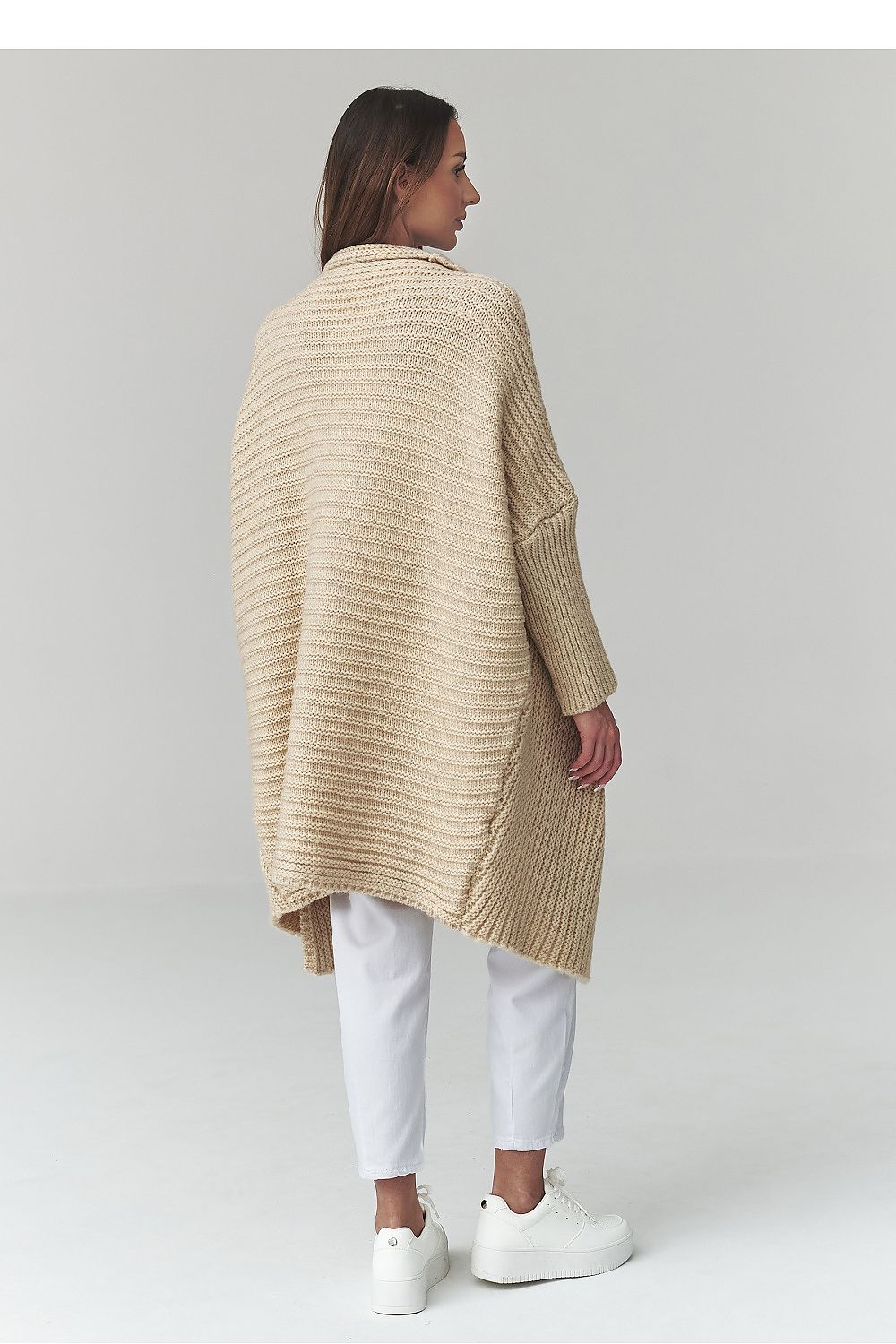  Women's longline oversized beige knitted cardigan with soft textured knit design