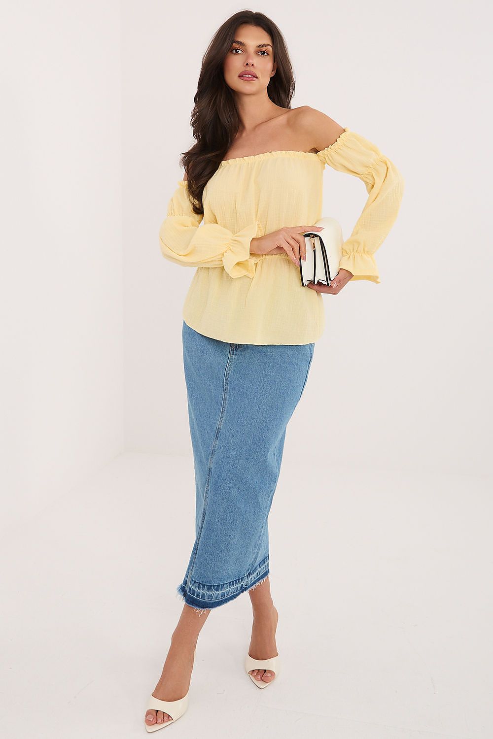 Yellow off shoulder cotton blouse bright summer look