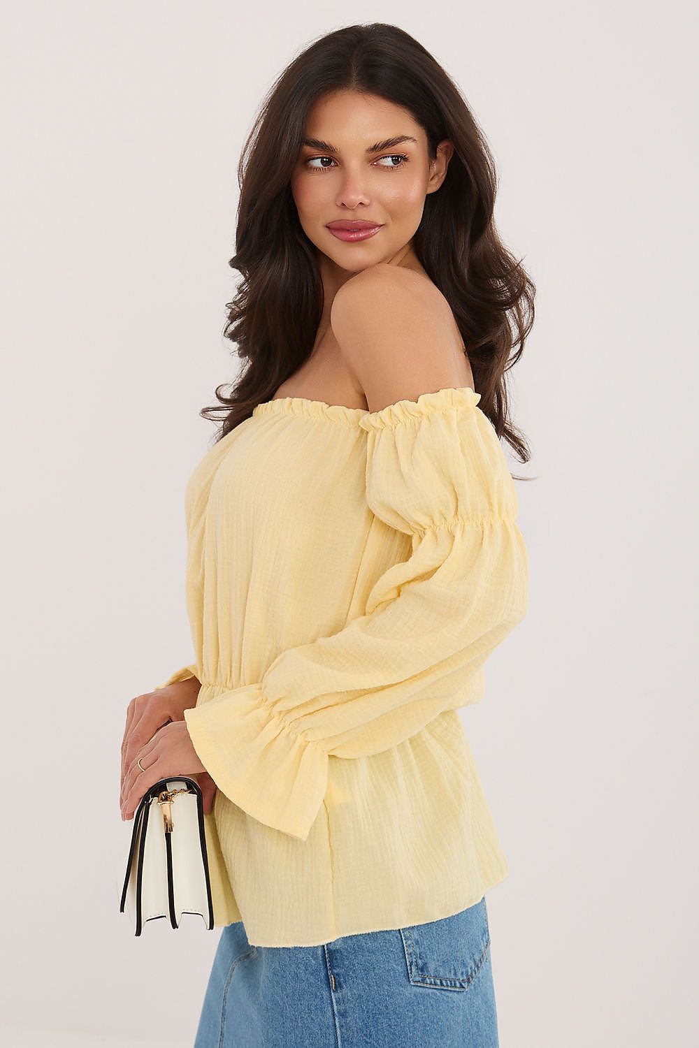 Yellow off shoulder cotton blouse bright summer look-side-view