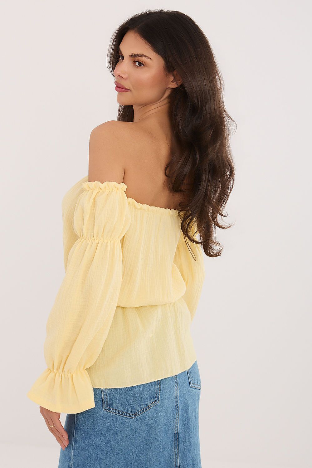 Yellow off shoulder cotton blouse bright summer look-rear-view