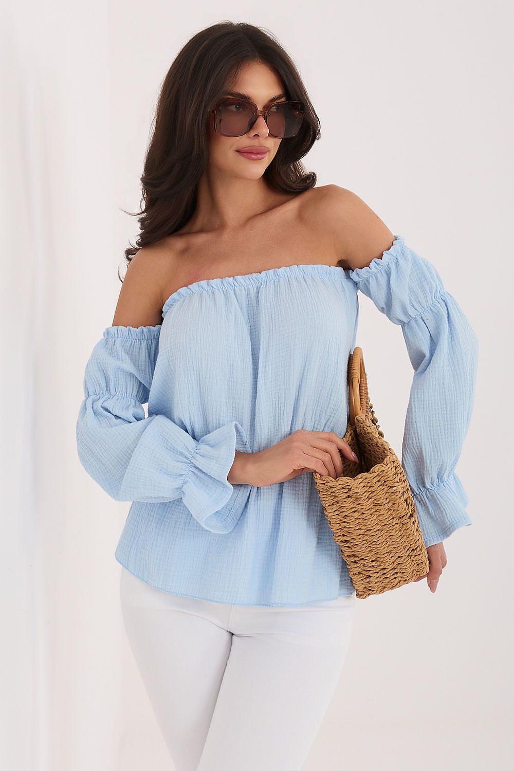 Blue off shoulder cotton blouse puff sleeves summer style