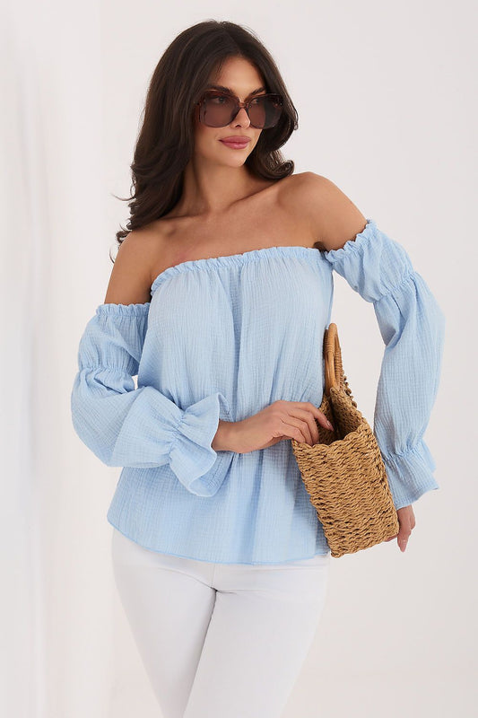 Blue off shoulder cotton blouse puff sleeves summer style