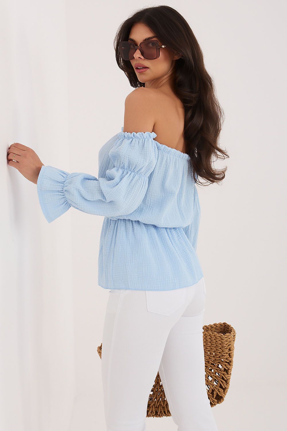 Blue off shoulder cotton blouse puff sleeves summer style-side-view