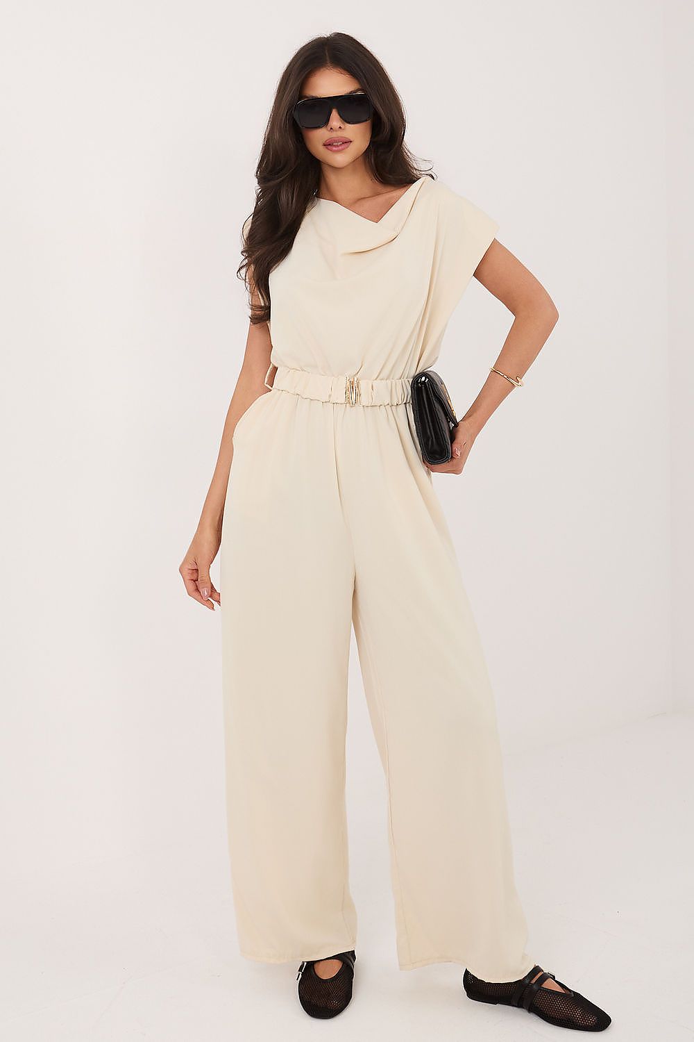 Beige jumpsuit flowing neckline elegant modern style 