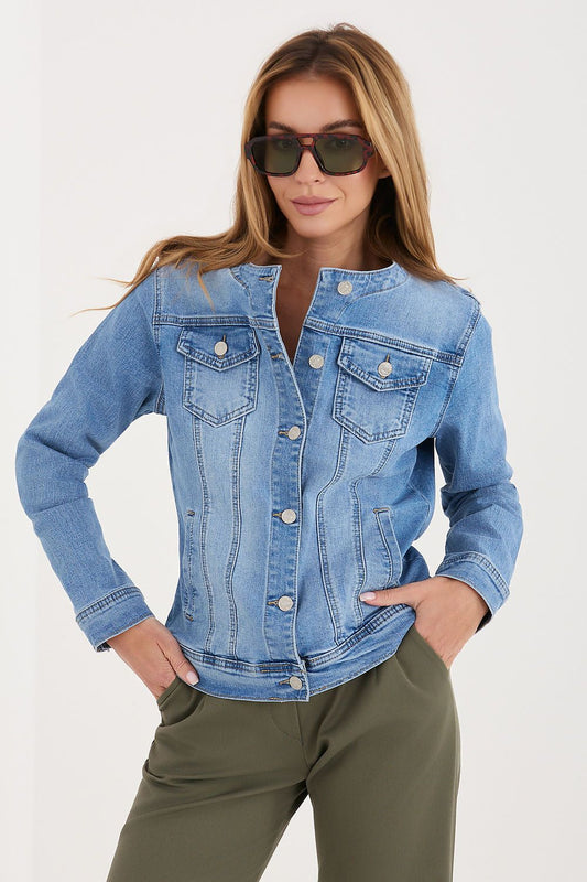 Blue collarless denim jacket button front modern style
