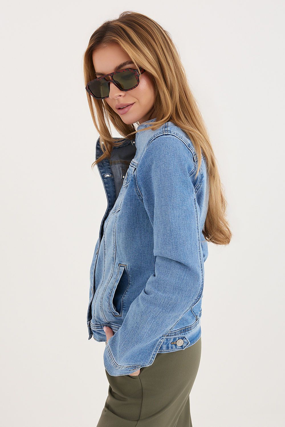  Blue collarless denim jacket button front modern style-side-view