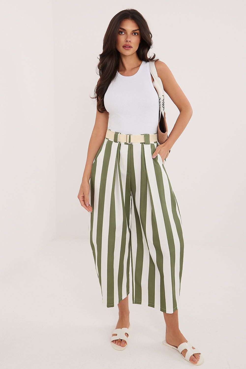 striped culotte trousers wide leg modern style-green