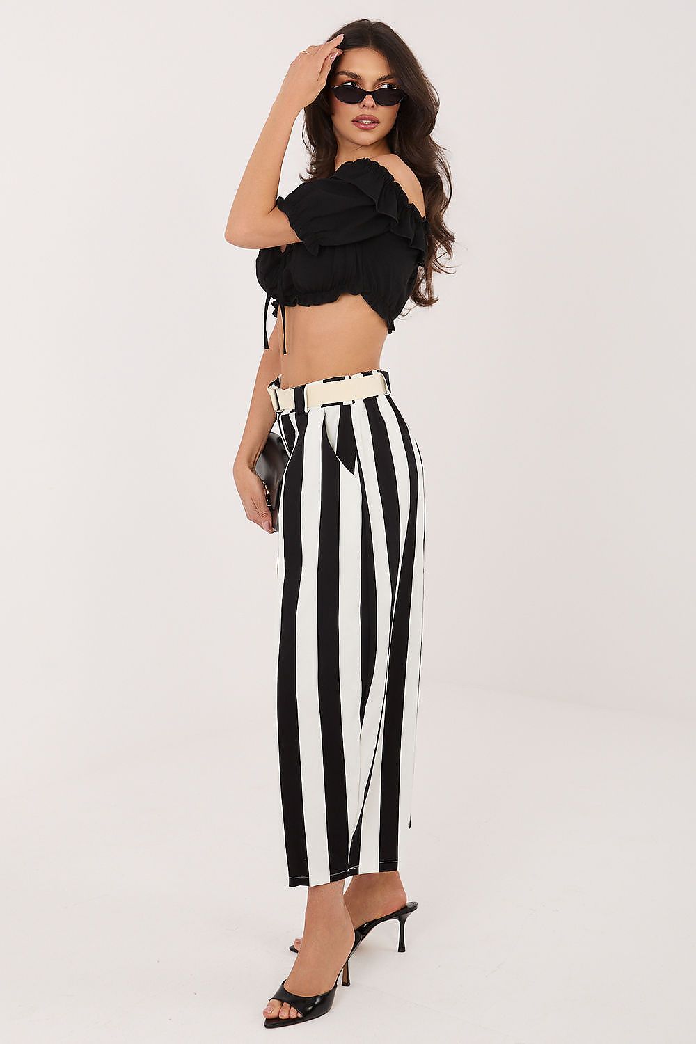 striped culotte trousers wide leg modern style-Black
