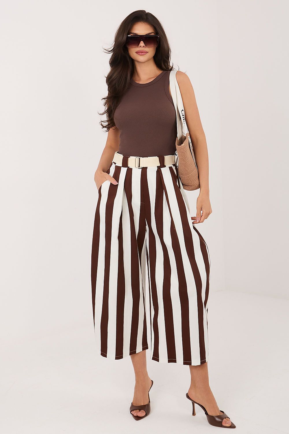 striped culotte trousers wide leg modern style-Brown