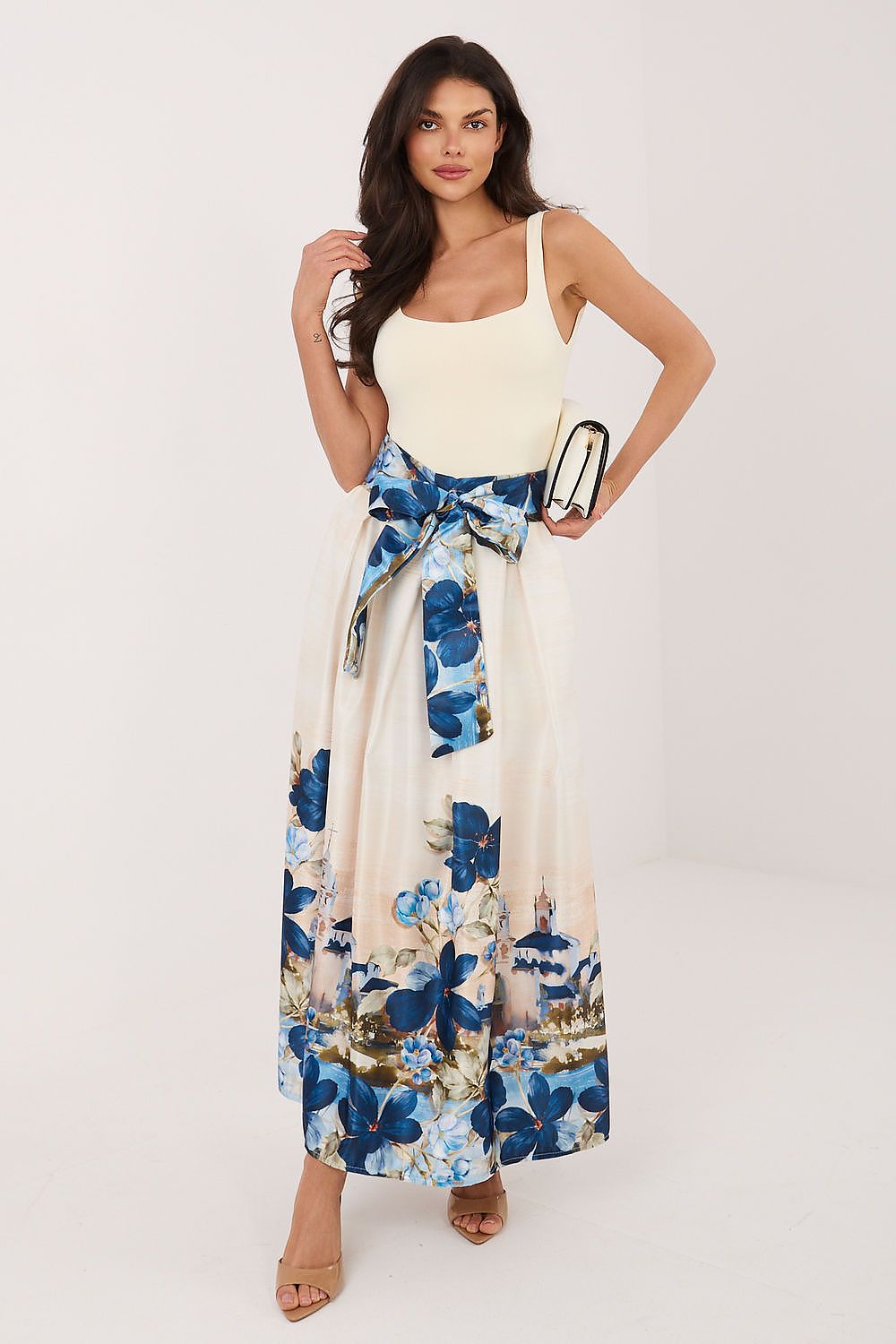 Blue printed midi skirt elegant silhouette modern style