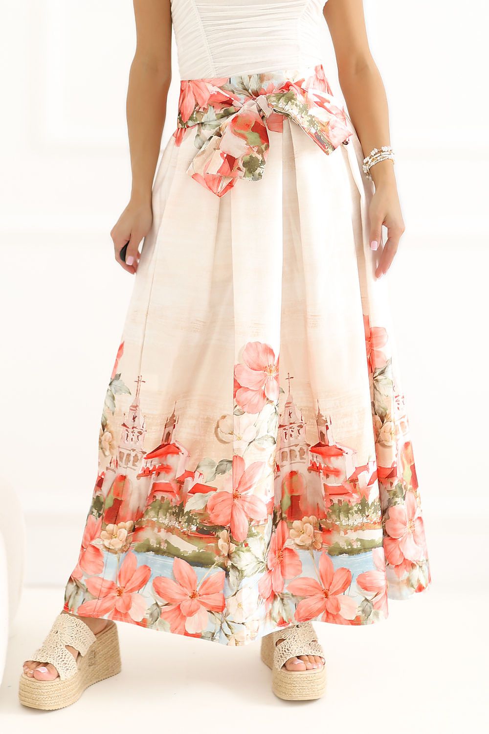 Red printed midi skirt elastic waist belt detail elegant style