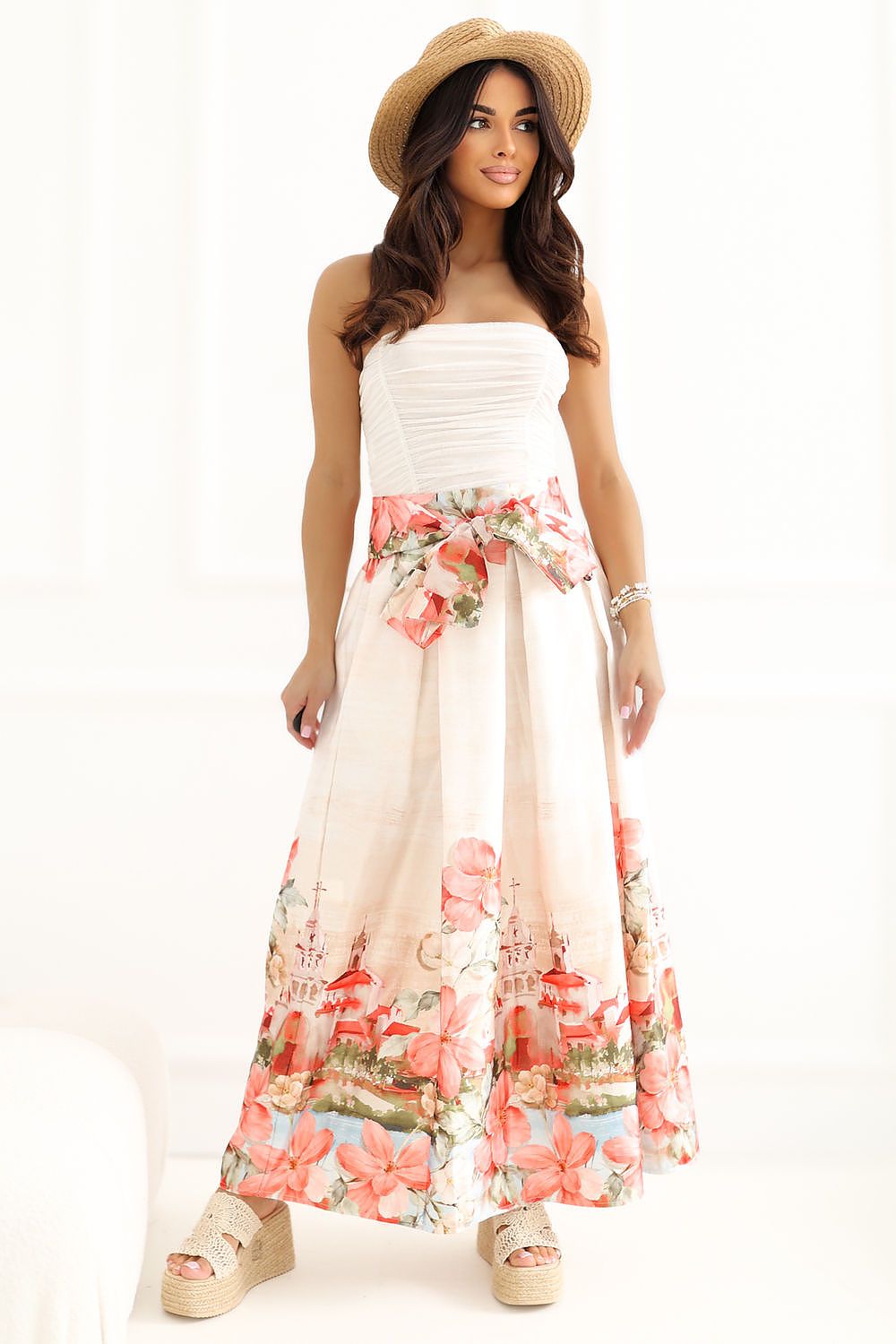 Red printed midi skirt elastic waist belt detail elegant style-2 
