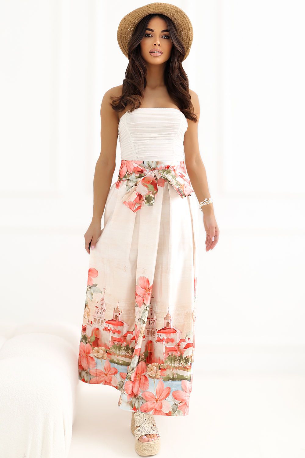 Red printed midi skirt elastic waist belt detail elegant style-3