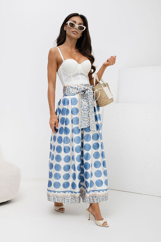 Blue printed midi skirt elastic waist belt detail elegant style