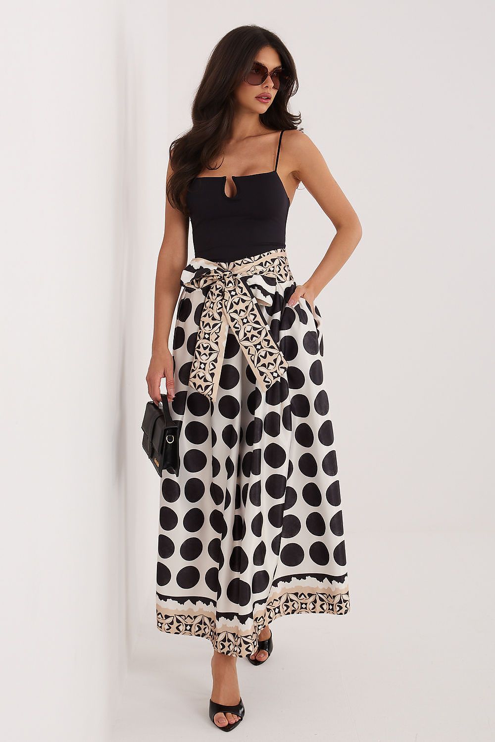 Black printed midi skirt elastic waist belt detail elegant style