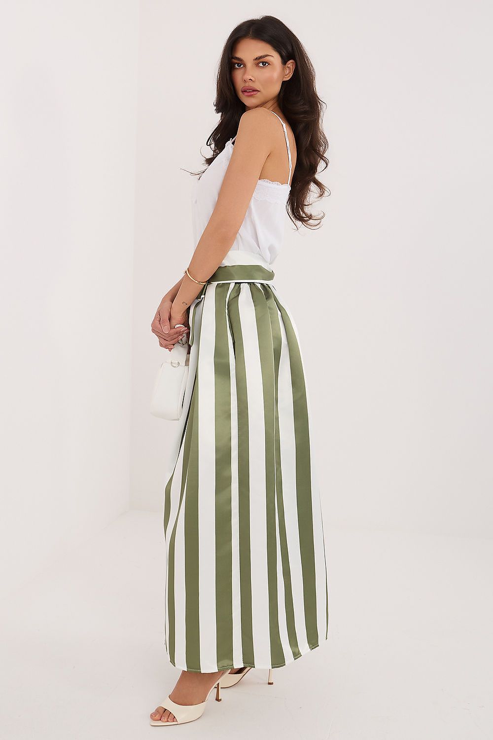  Striped midi skirt elastic waist belt detail elegant style-Side-View