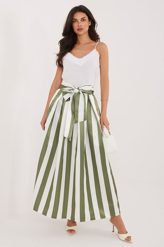 Striped midi skirt elastic waist belt detail elegant style-Green