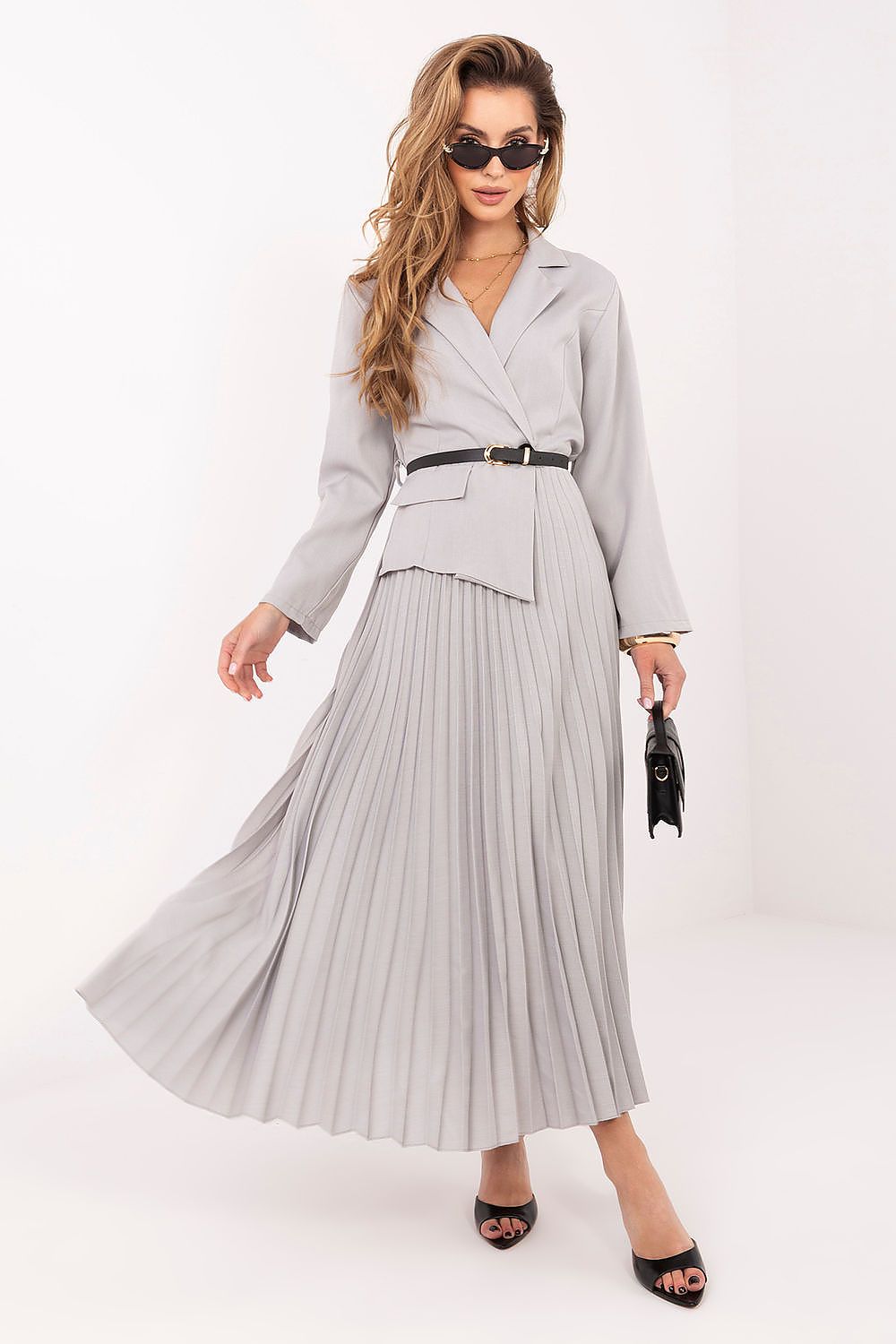 Grey maxi dress waist belt feminine silhouette