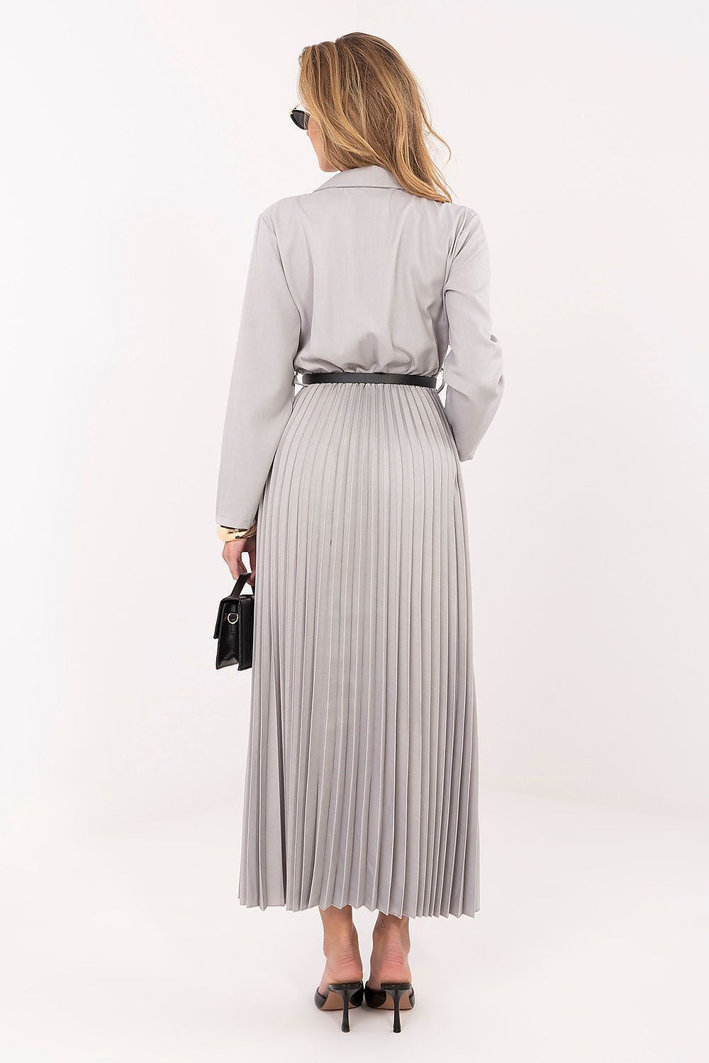 Grey maxi dress waist belt feminine silhouette-rear-view