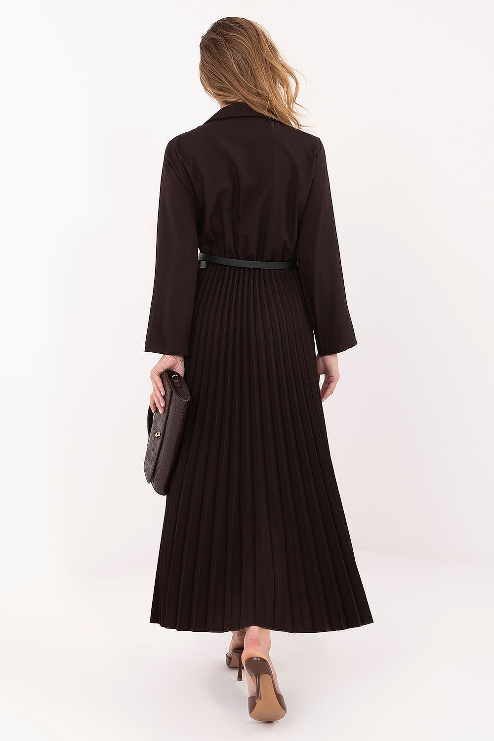 Brown long sleeve dress flowing skirt feminine style