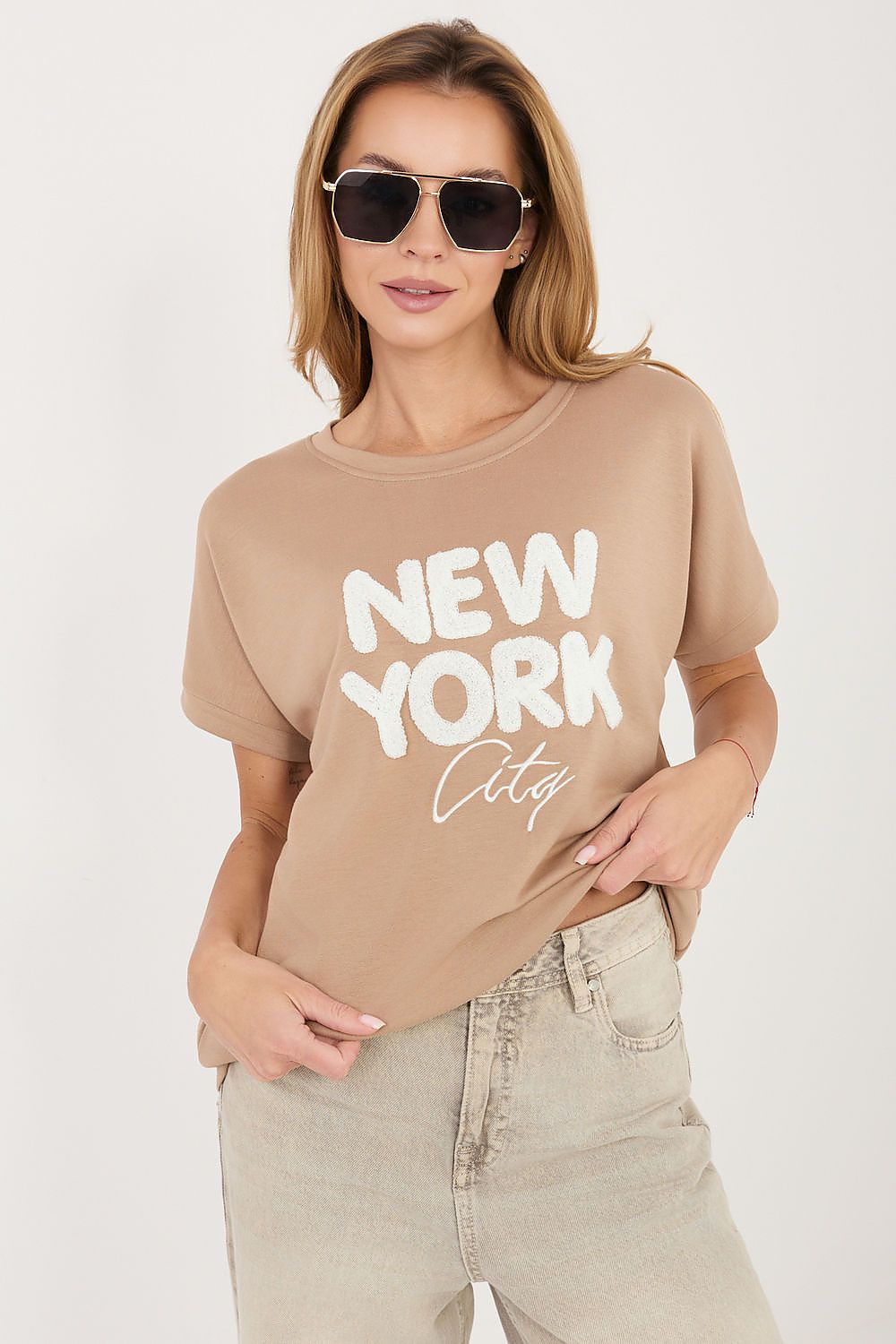 embroidered t-shirt short sleeve casual style-beige