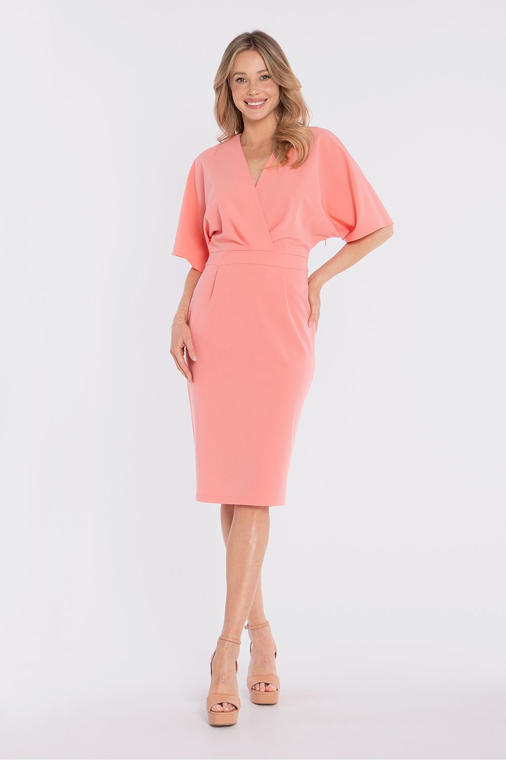 wrap midi dress fitted waist elegant silhouette-pink-full-view