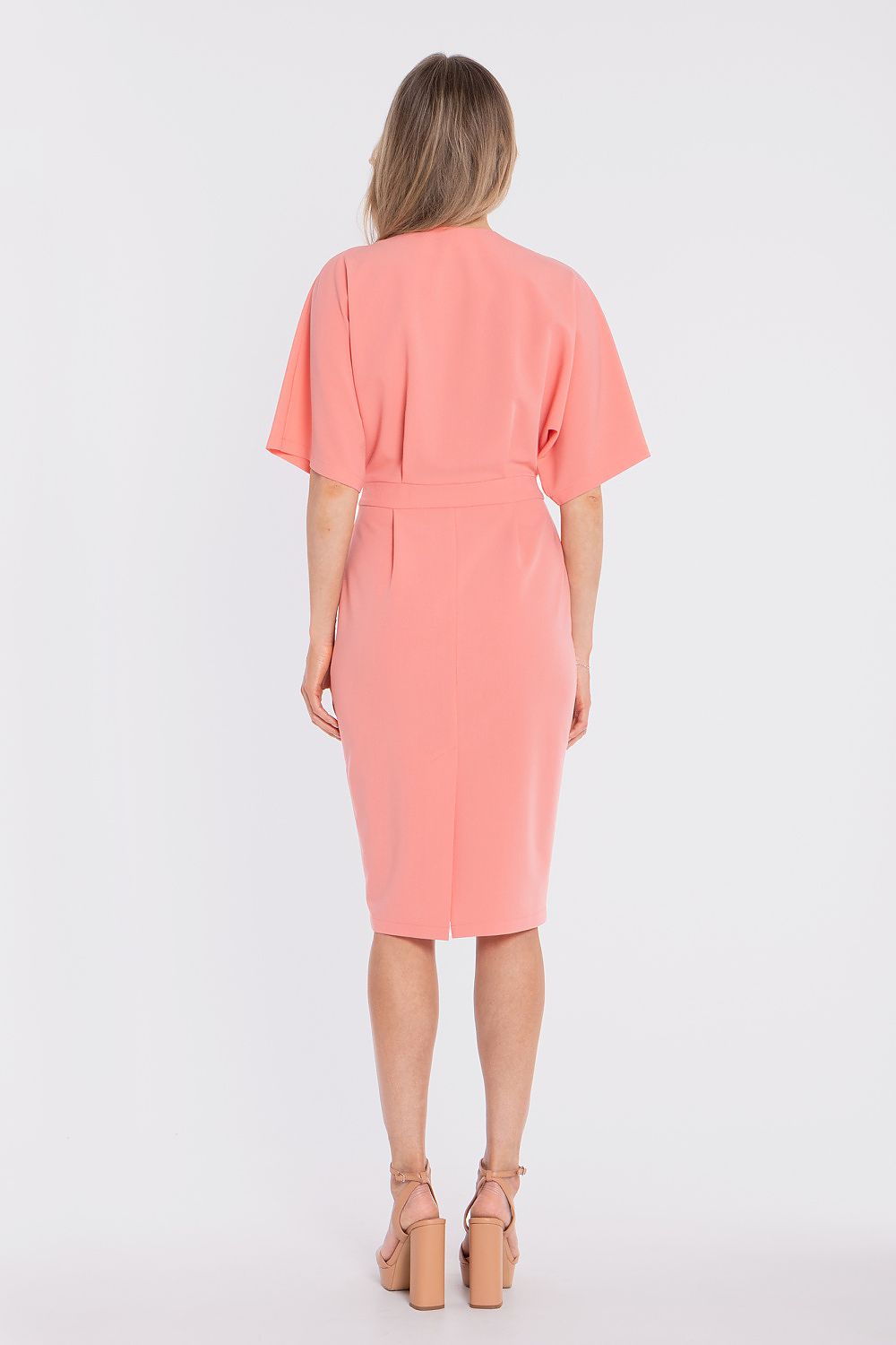  wrap midi dress fitted waist elegant silhouette-pink-rear-view