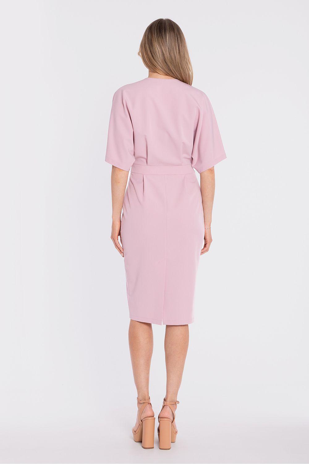 wrap midi dress fitted waist elegant silhouette-pink-rear-view