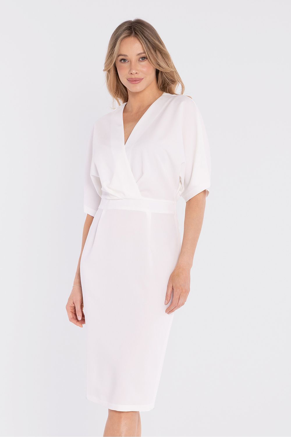 wrap midi dress fitted waist elegant silhouette-white-beige-front-view
