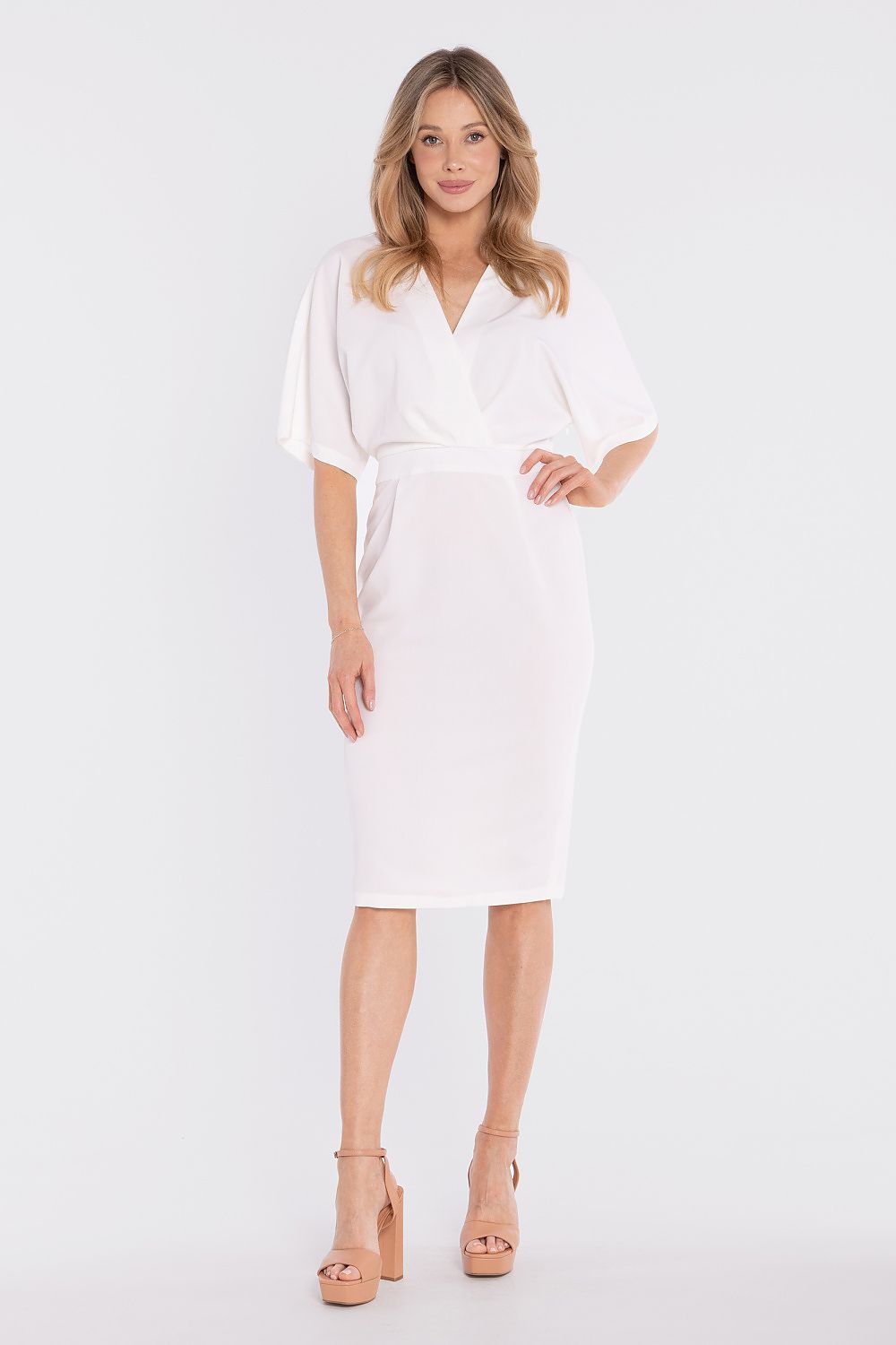wrap midi dress fitted waist elegant silhouette-full-fiew-white-beige