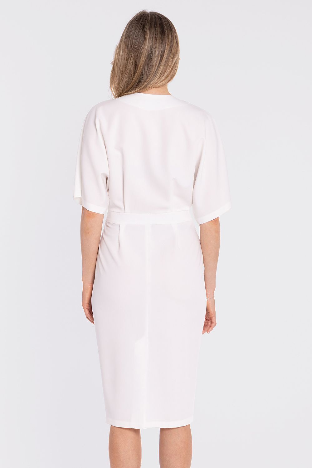 wrap midi dress fitted waist elegant silhouette-white-biege-rear-view
