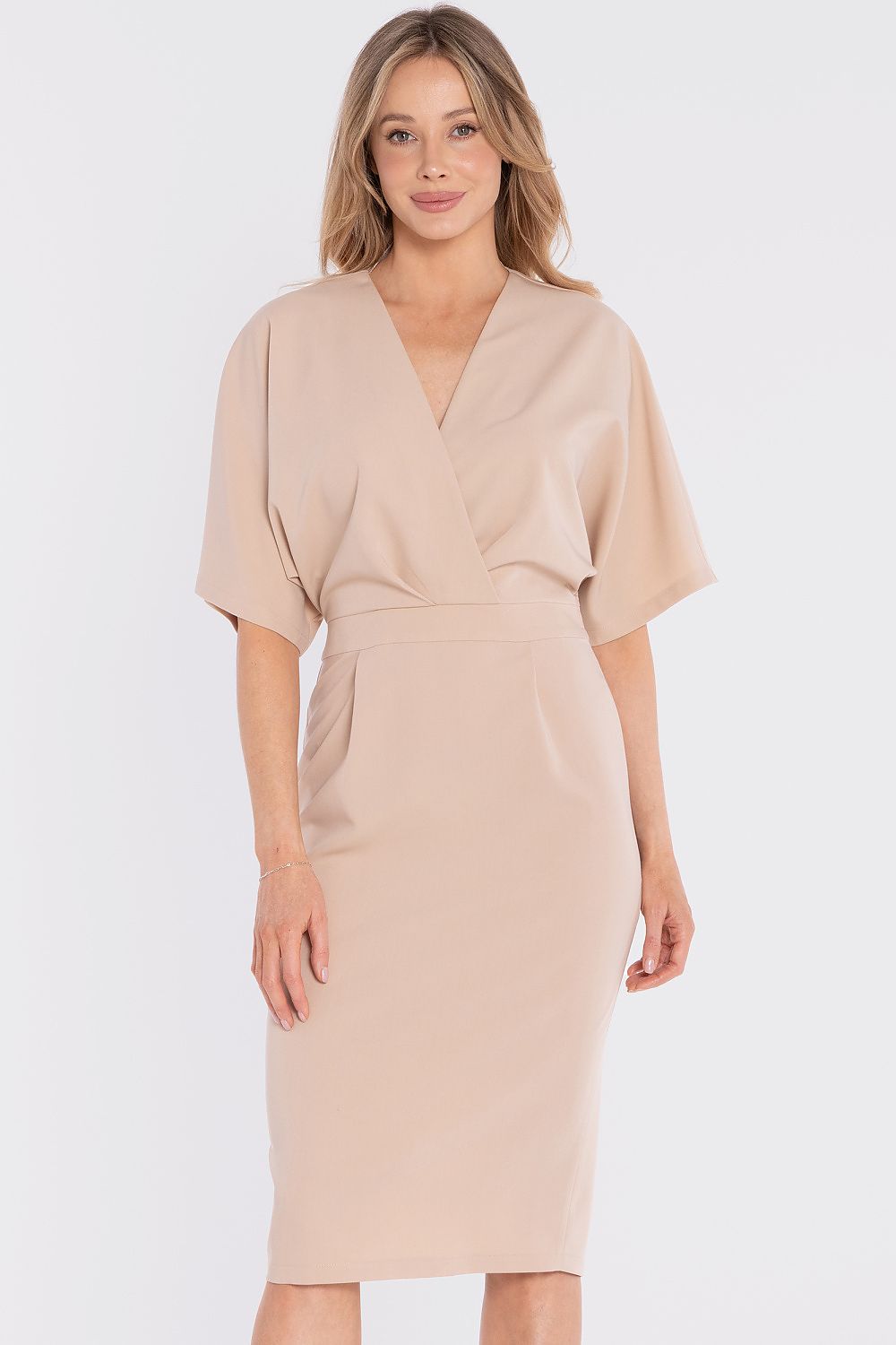  wrap midi dress fitted waist elegant silhouette-beige