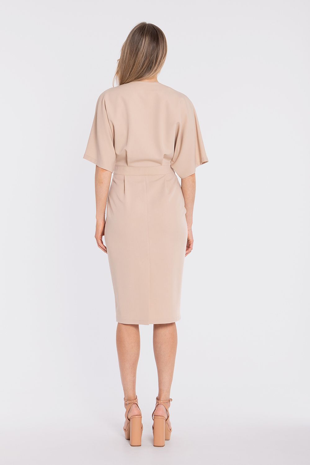 wrap midi dress fitted waist elegant silhouette-beige-rear-view