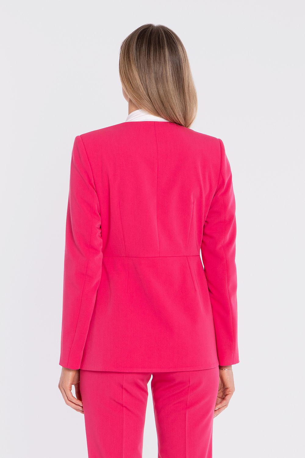  women's blazer tailored silhouette statement style-rich-pink-rear-view