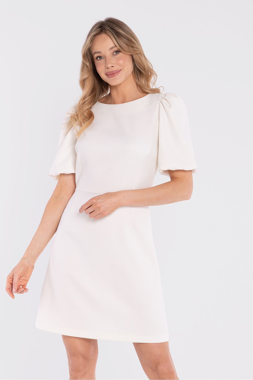 mini dress puff sleeves structured elegant silhouette-beige