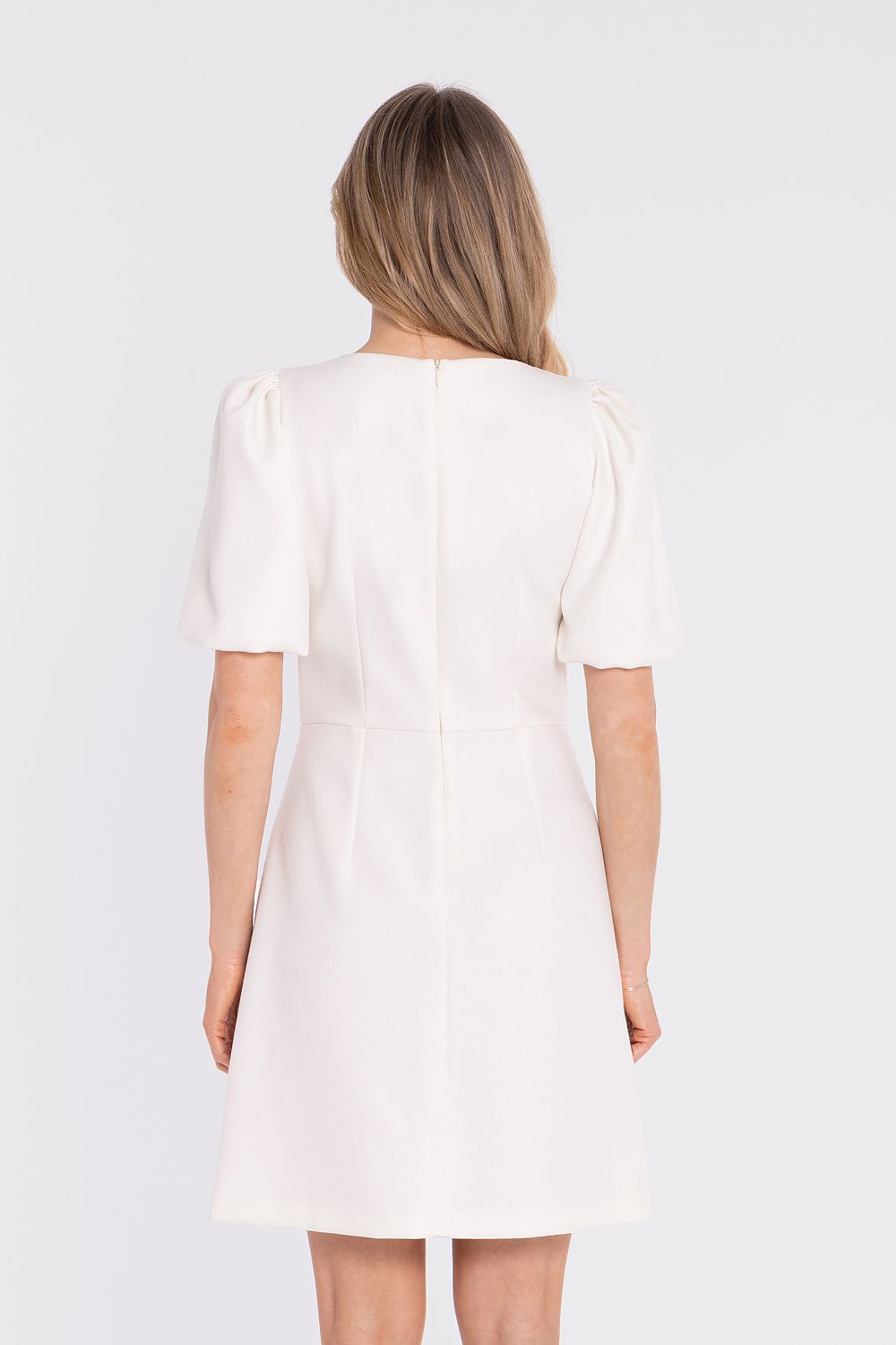  mini dress puff sleeves structured elegant silhouette-beige-rear-view
