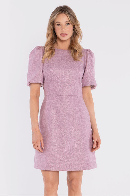  mini dress puff sleeves structured elegant silhouette-pink