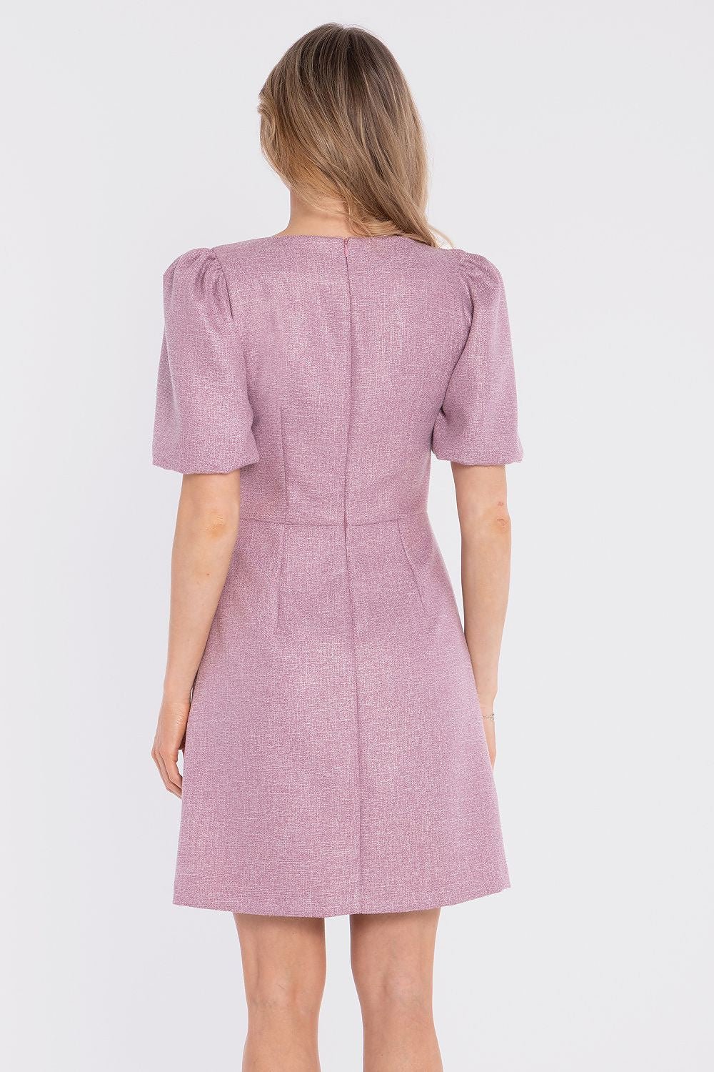 mini dress puff sleeves structured elegant silhouette-pink-rear-view