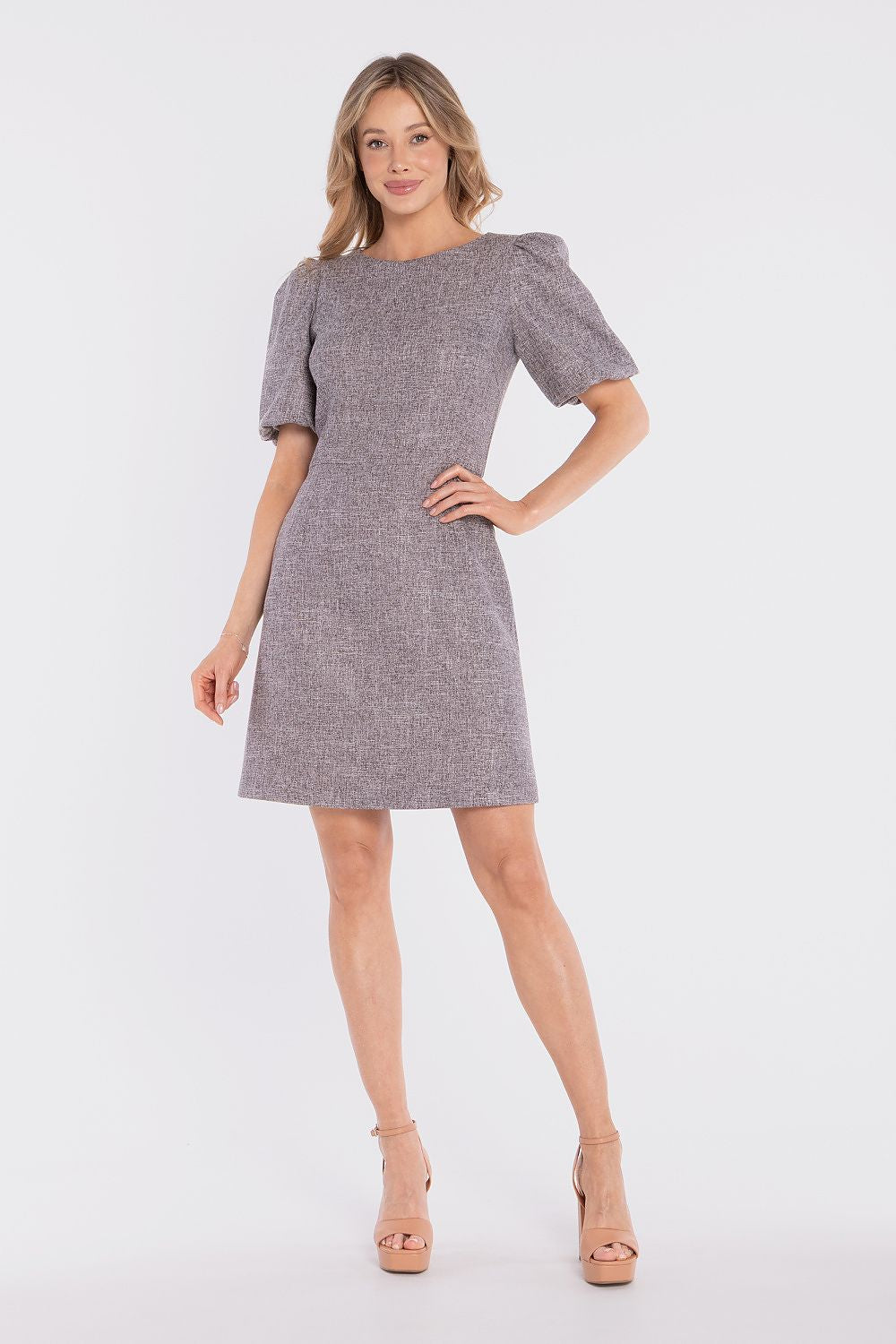 mini dress puff sleeves structured elegant silhouette-grey-full-view
