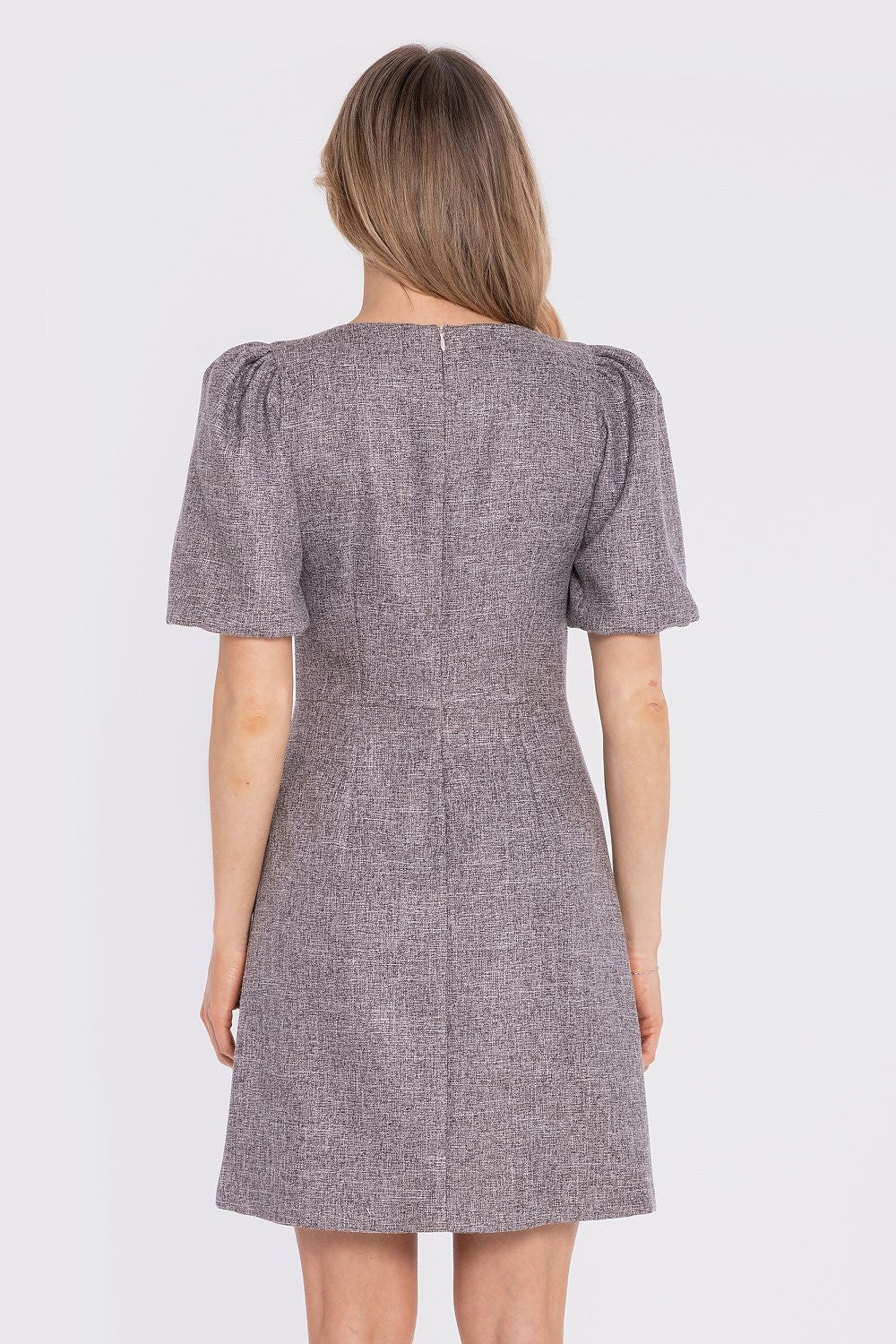 mini dress puff sleeves structured elegant silhouette-rear-view-grey