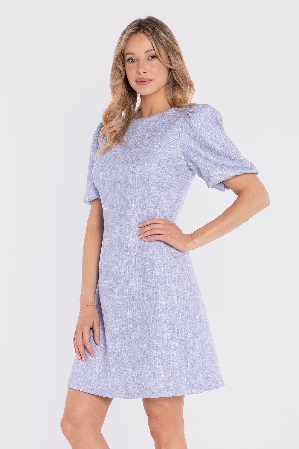  mini dress puff sleeves structured elegant silhouette-blue