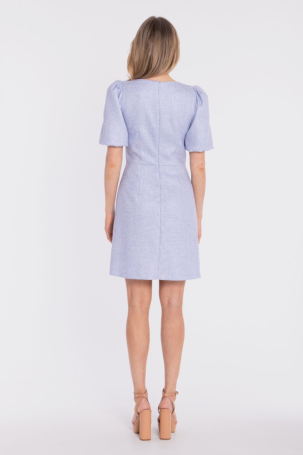 mini dress puff sleeves structured elegant silhouette-blue-rear-view