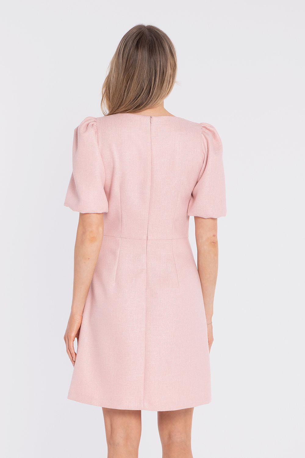 mini dress puff sleeves structured elegant silhouette-pink-2-rear-view