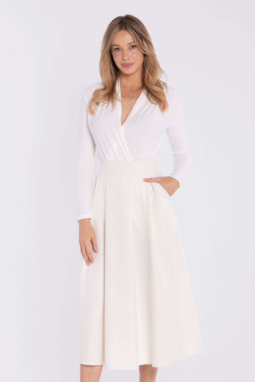midi flared skirt high waist elegant silhouette-Beige