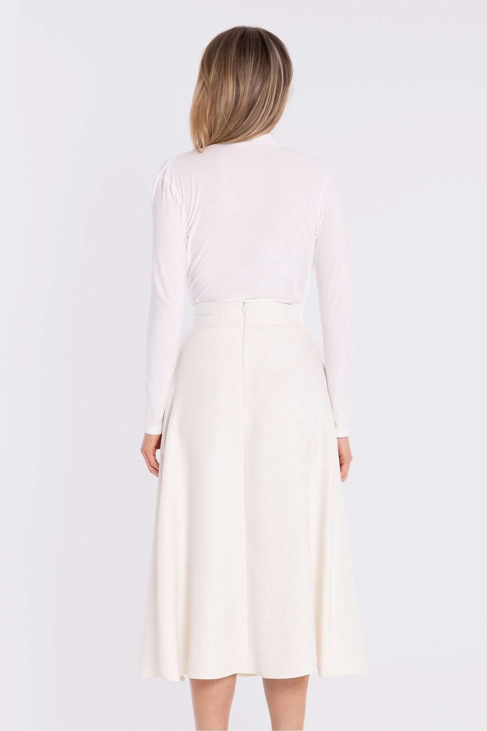 midi flared skirt high waist elegant silhouette-rear-view 