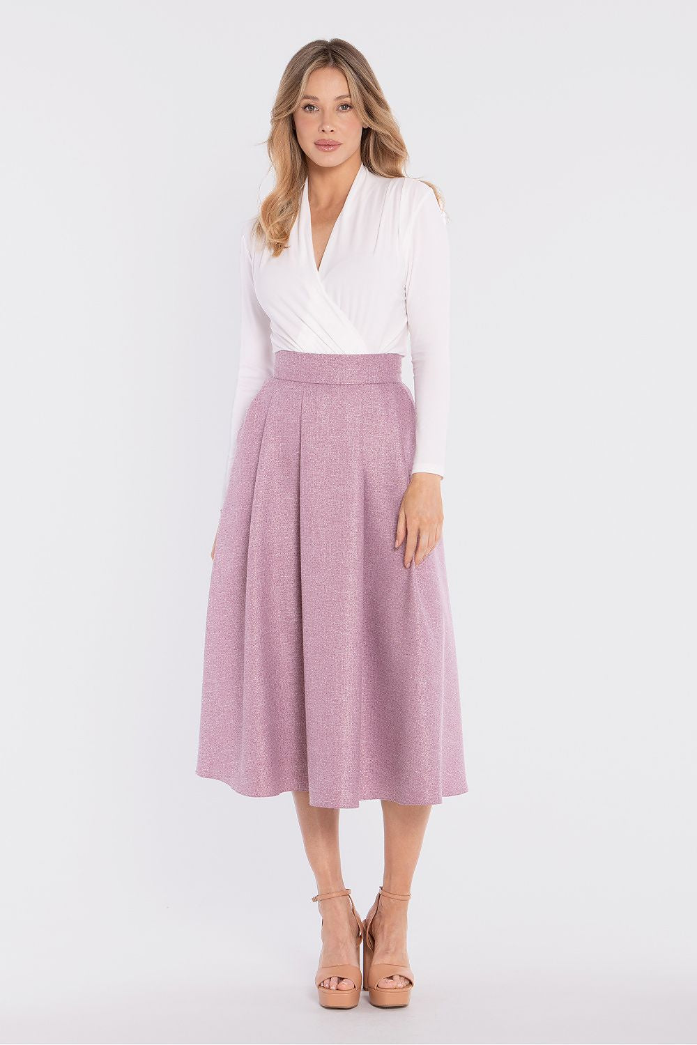 midi flared skirt high waist elegant silhouette-pink